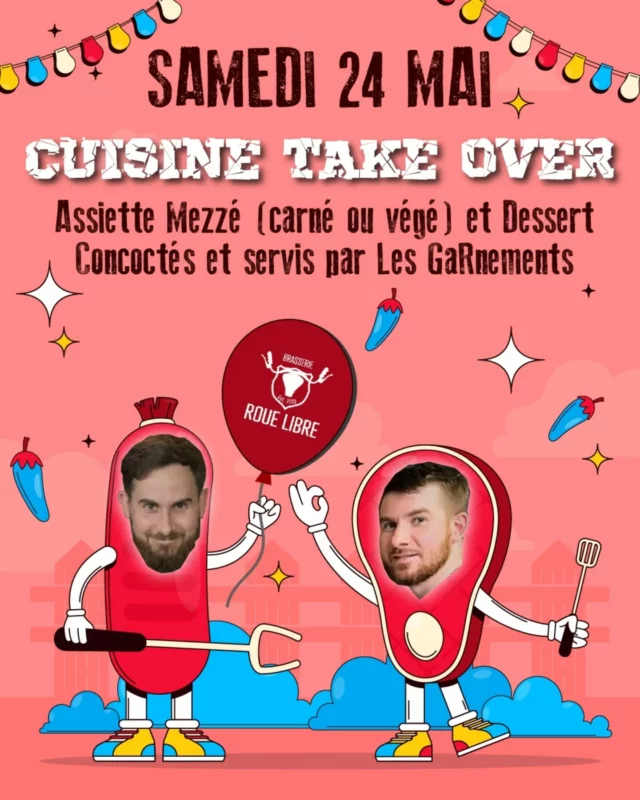 Zoom sur... La soirée de samedi !

Ce samedi d'anniversaire, nos copains du restaurant @les_garnements à la Meinau nous ont fait l'honneur de nous proposer un Bouffe Take Over 🍴 !

Mais qu'est-ce que c'est ? En gros, c'est comme un TTO dont tu as l'habitude chez nous, sauf qu'à la place de prendre le contrôle de nos lignes de bières, ils s'installent pour notre plus grand plaisir en cuisine ! 🧑‍🍳
On oublie donc le temps d'un soir notre carte habituelle, et on les laisse aux commandes !

Au menu, une assiette de mezzes, à manger seul.e ou à partager ! Le tout, fait maison 🏠, bien évidemment. En version carnée 🥩 ou végé 🥦.

Attention, le nombre de plats est limité, et la réservation fortement conseillée ! 📞 

On espère vous voir nombreux et nombreuses, faire honneur à leur venue et aux délicatesses qu'ils nous auront concocté 🤤

A tutti les ami-es 😘