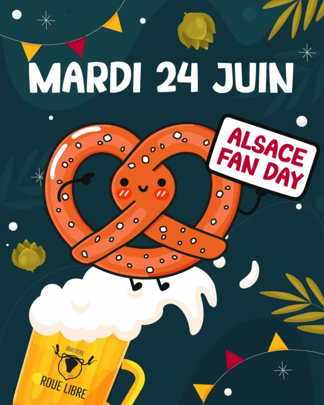 Hey coucou 👋,

Cette semaine s'achève déjà le mois de juin, et on ne va pas le laisser s'échapper si facilement. Des événements tous les soirs chez Rouroue ! 🥳

On démarre mardi 24 avec le @alsacefanday. 🥨 Fêté tous les ans le 24 juin, on profite de ce jour mettant en avant notre belle région pour "pimper" un peu notre carte de petite restauration. 🍽️

Au programme pour accompagner nos bières : croques alsaciens et tartinade végétale alsacienne. Du fait maison avec des ingrédients de qualité, de quoi se régaler, tu sais que tu peux nous faire confiance là-dessus. 😋

On démarre la semaine ensemble et en gourmandise ? 🥪

Rendez-vous chez Roue Libre ! 🍻
